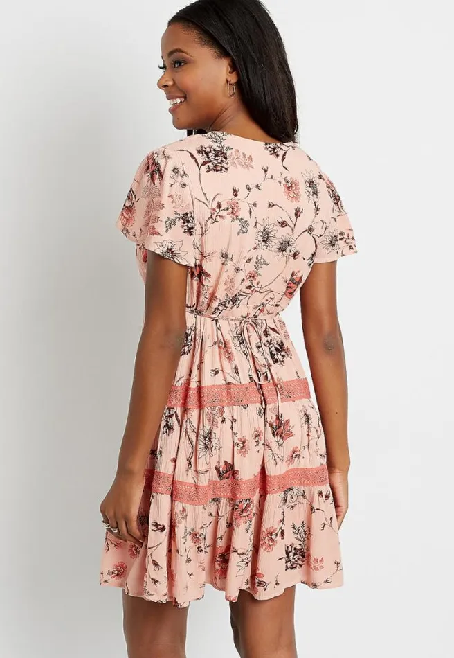 Pink Floral Lace Trim Babydoll Dress Women Maurices Dresses and Jumpsuits