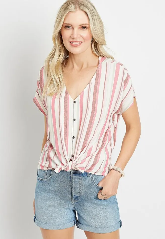 Pink Striped Button Front Blouse Women Maurices Tops