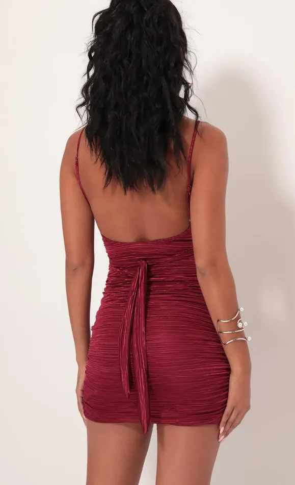 Pleated Satin Knot Dress Wine Women LUCY IN THE SKY Mini Dresses