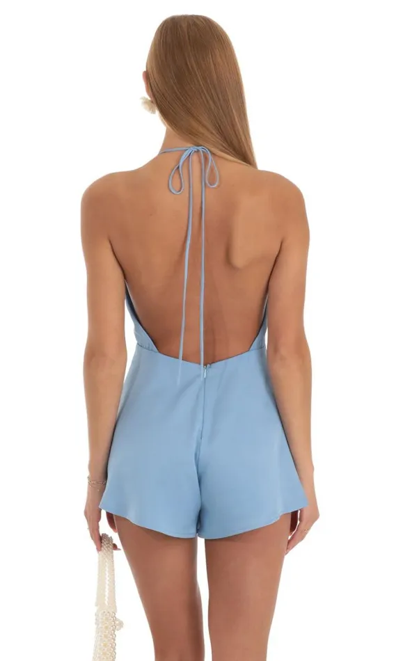 Plunge V Neck Romper Blue Women LUCY IN THE SKY Rompers