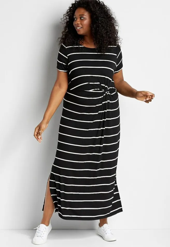 Plus Size 247 Black Striped Knot Front Maxi Dress Women Maurices Plus Dresses and Jumpsuits
