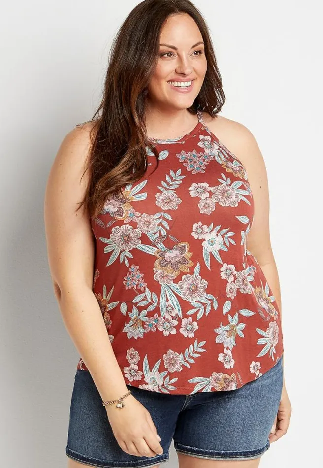 Plus Size 247 Red Floral High Neck Tank Top Women Maurices Plus Tops