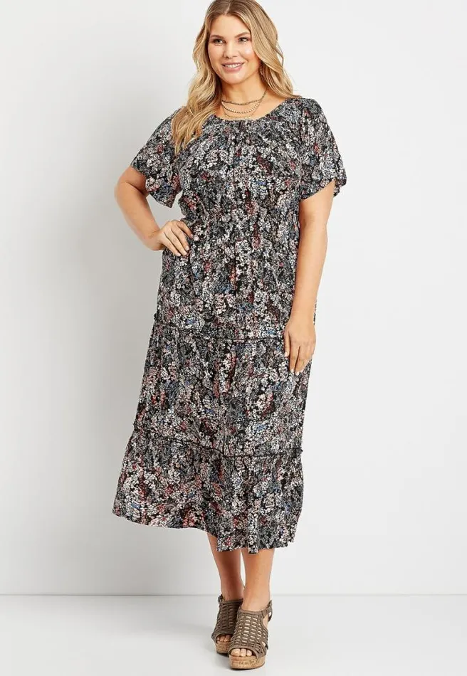Plus Size Blue Floral Smocked Neck Midi Dress Women Maurices Plus Dresses and Jumpsuits