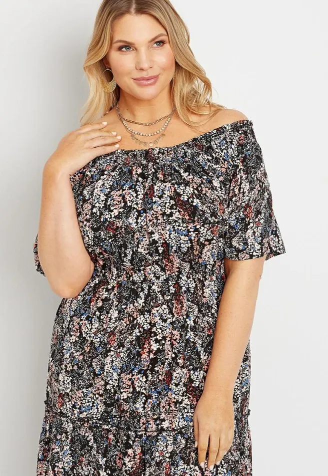 Plus Size Blue Floral Smocked Neck Midi Dress Women Maurices Plus Dresses and Jumpsuits
