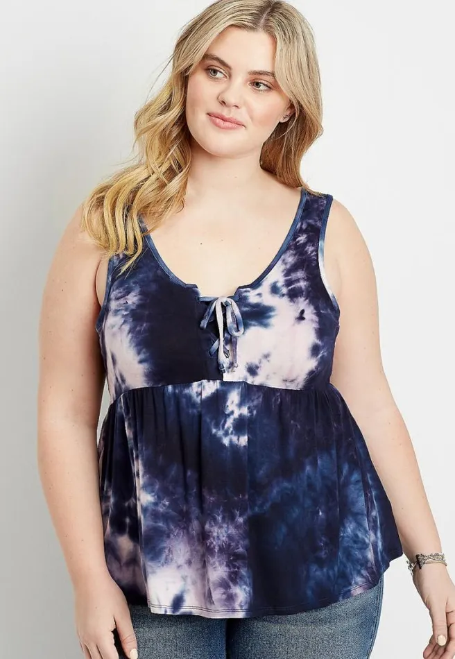 Plus Size Blue Tie Dye Lace Up Babydoll Tank Top Women Maurices Plus Tops