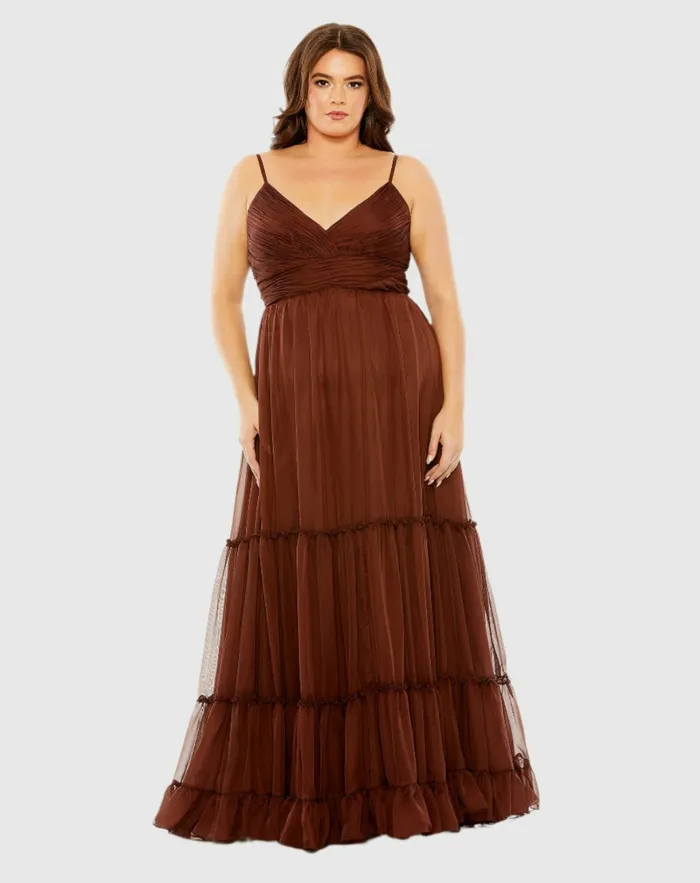 Plus Size Dresses Mac Duggal Women Tiered VNeckline Ruched Gown Chocolate