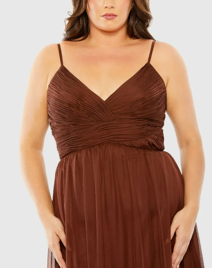 Plus Size Dresses Mac Duggal Women Tiered VNeckline Ruched Gown Chocolate