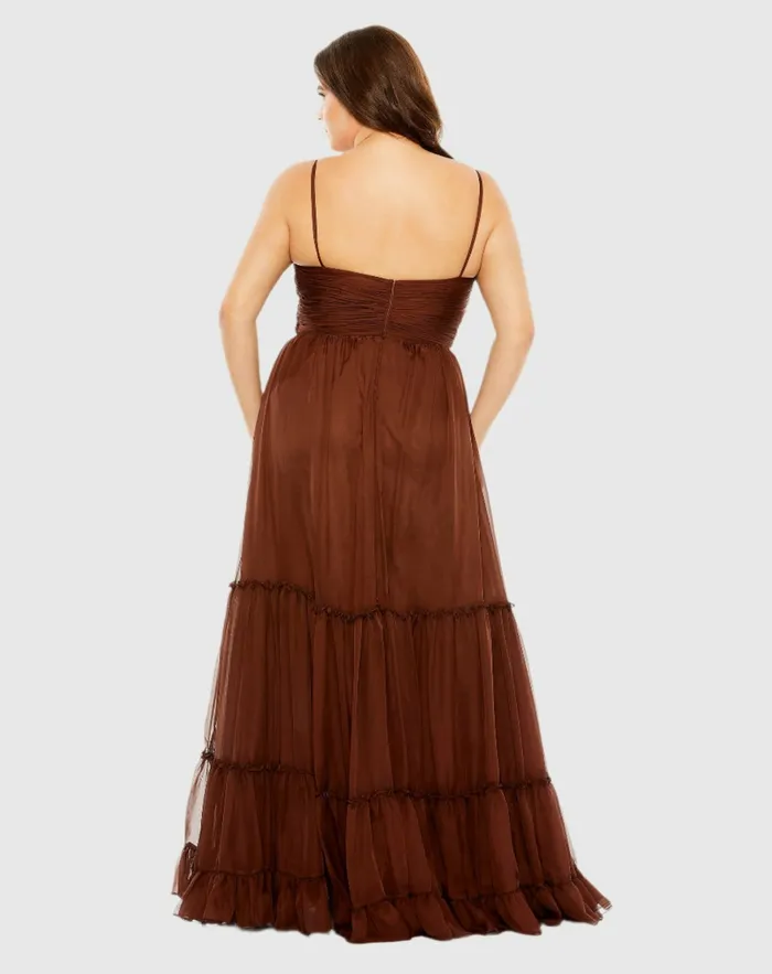 Plus Size Dresses Mac Duggal Women Tiered VNeckline Ruched Gown Chocolate