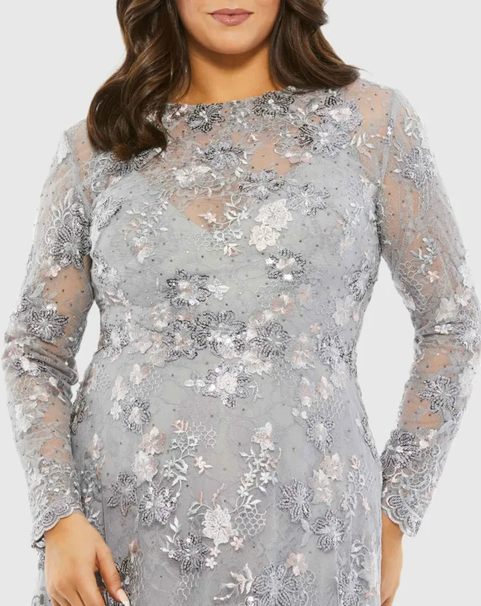 Plus Size Dresses Women Embellished Illusion Long Sleeve A Line Gown Plus 8211 FINAL SALE Platinum Mac Duggal