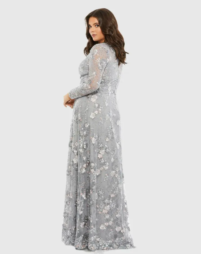 Plus Size Dresses Women Embellished Illusion Long Sleeve A Line Gown Plus 8211 FINAL SALE Platinum Mac Duggal