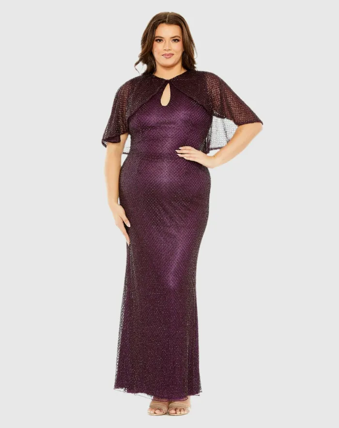 Plus Size Dresses Women Sequin Cape Sleeve Gown Amethyst Mac Duggal