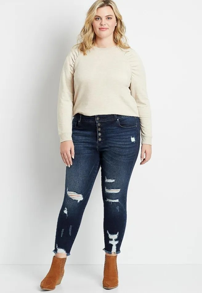 Plus Size Kancan High Rise Dark Destructed Button Fly Skinny Ankle Jean Women Maurices Plus Jeans