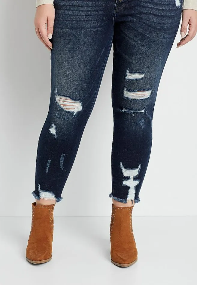 Plus Size Kancan High Rise Dark Destructed Button Fly Skinny Ankle Jean Women Maurices Plus Jeans