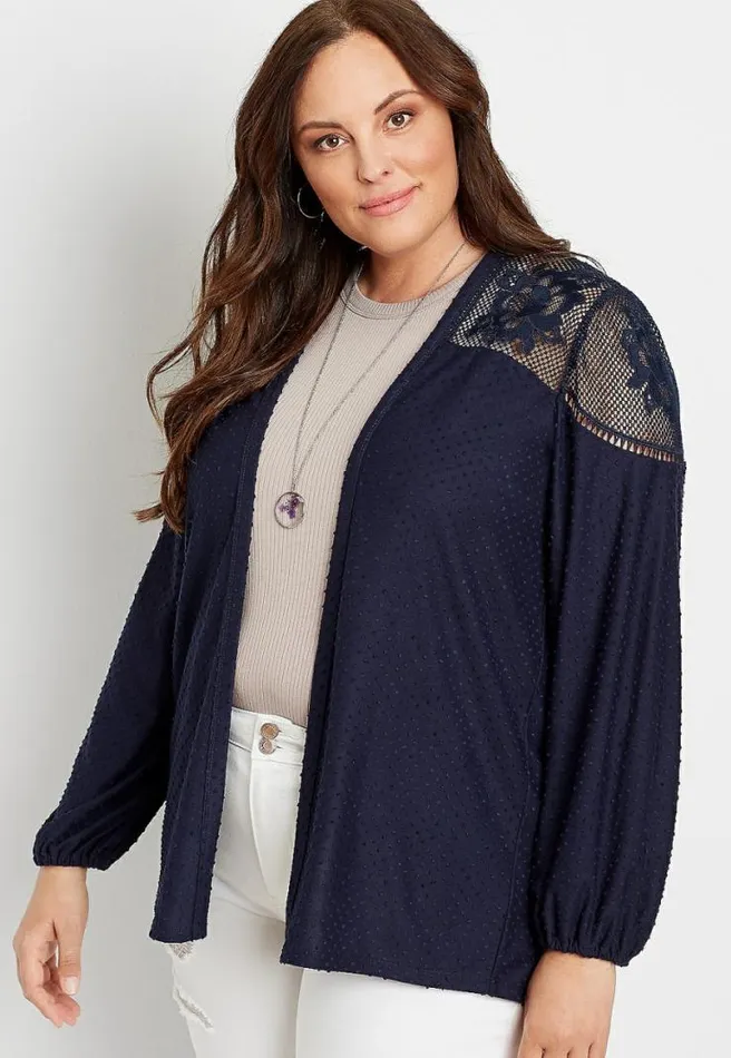 Plus Size Navy Lace Yoke Swiss Dot Open Front Cardigan Women Maurices Plus Tops