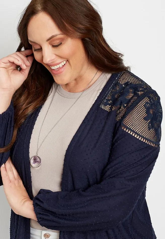 Plus Size Navy Lace Yoke Swiss Dot Open Front Cardigan Women Maurices Plus Tops