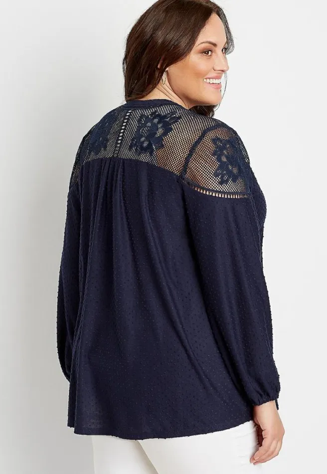 Plus Size Navy Lace Yoke Swiss Dot Open Front Cardigan Women Maurices Plus Tops