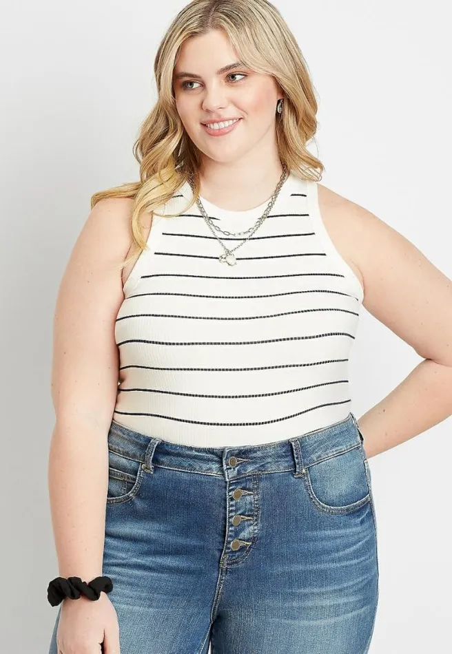 Plus Size Navy Stripe High Neck Fitted Ribbed Tank Top Women Maurices Plus Tops