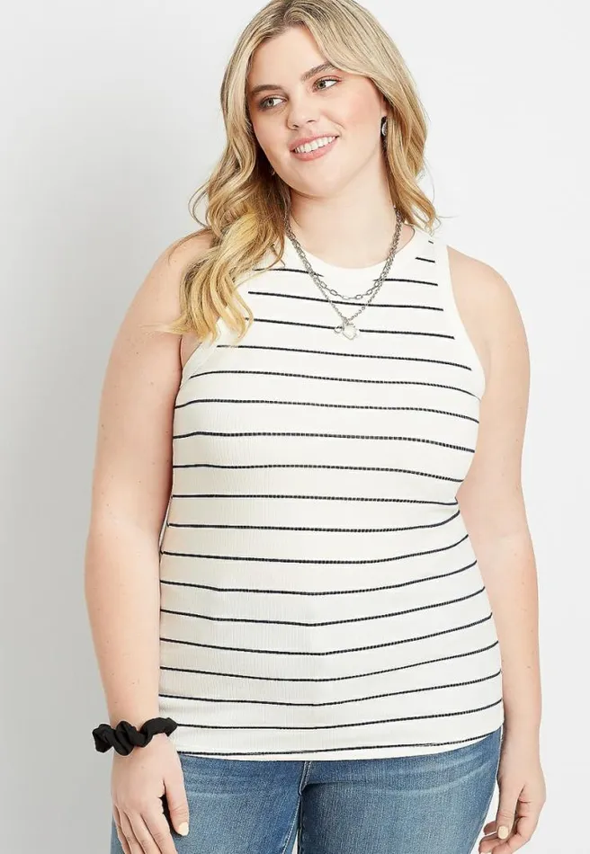 Plus Size Navy Stripe High Neck Fitted Ribbed Tank Top Women Maurices Plus Tops