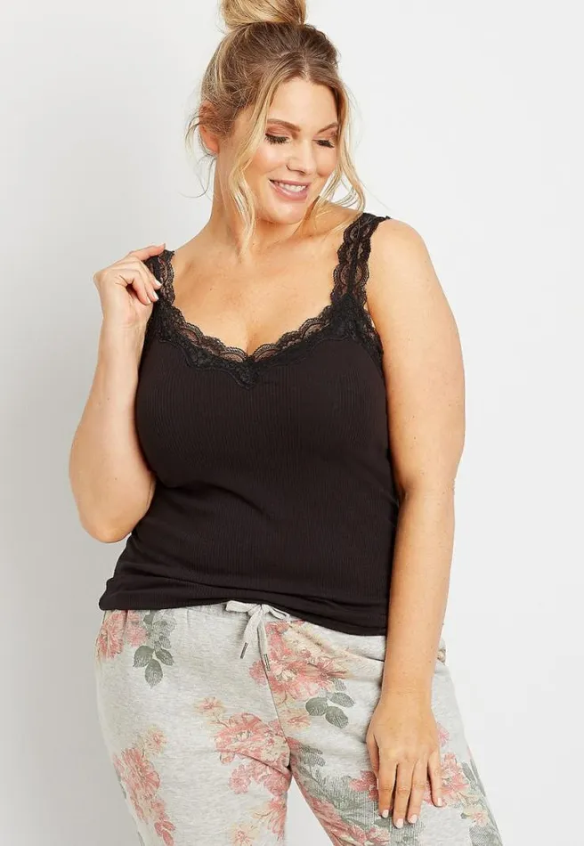 Plus Size Solid Lace Trim Ribbed Tank Top Women Maurices Plus Tops