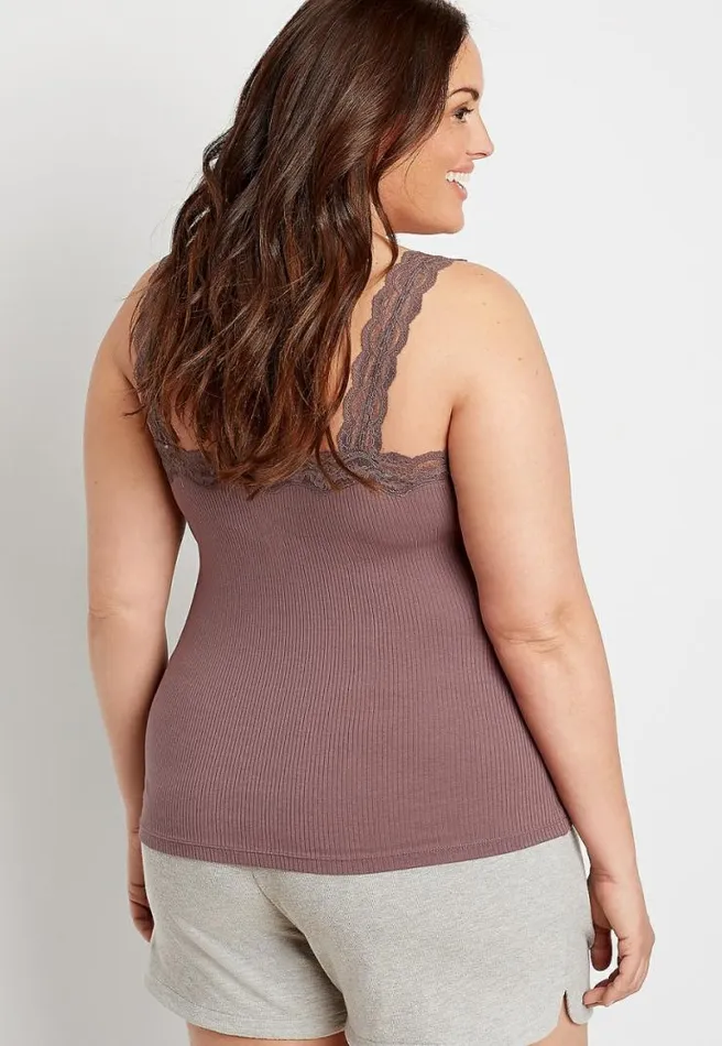 Plus Size Solid Lace Trim Ribbed Tank Top Women Maurices Plus Tops
