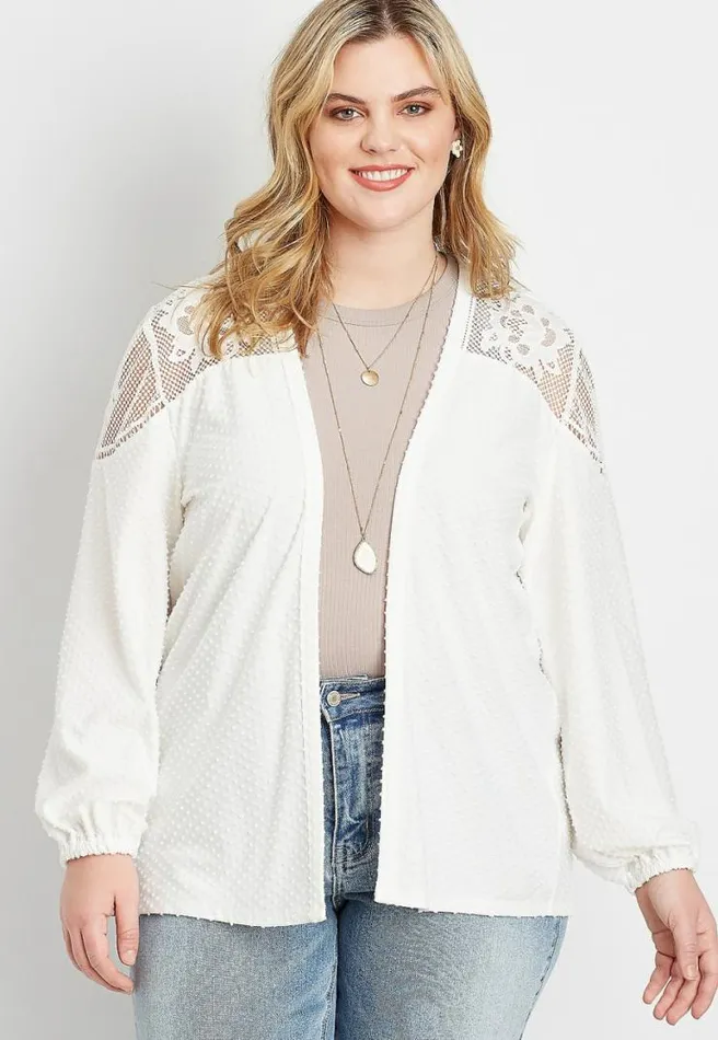 Plus Size White Lace Yoke Swiss Dot Open Front Cardigan Women Maurices Plus Tops
