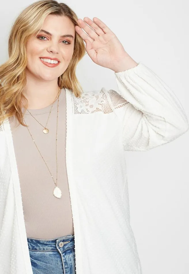 Plus Size White Lace Yoke Swiss Dot Open Front Cardigan Women Maurices Plus Tops