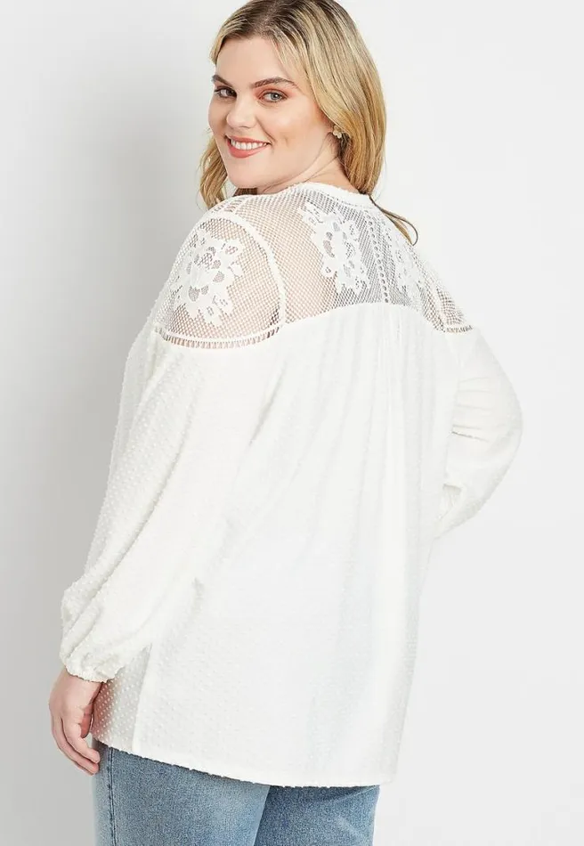 Plus Size White Lace Yoke Swiss Dot Open Front Cardigan Women Maurices Plus Tops