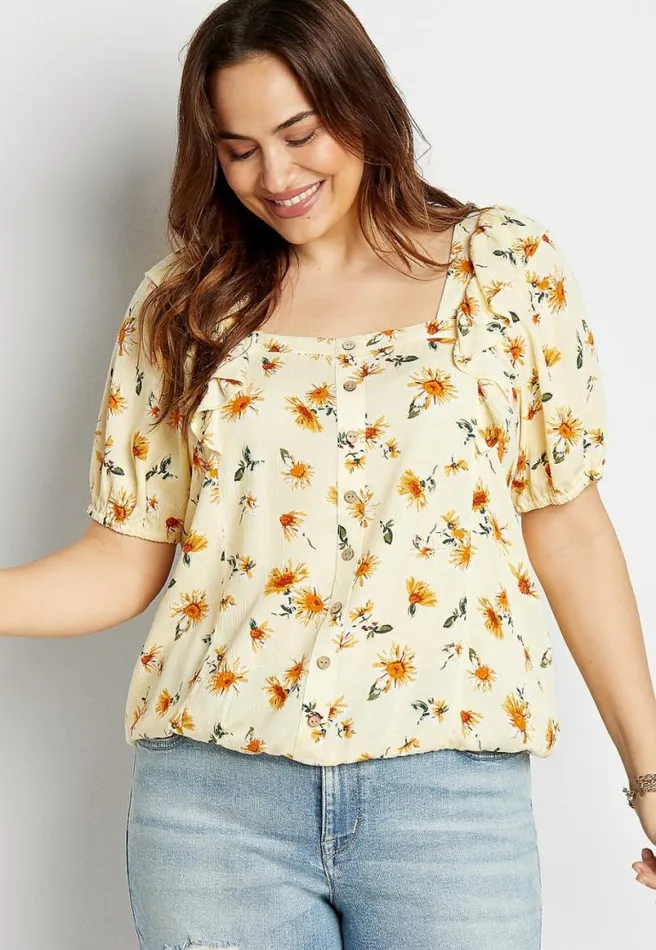 Plus Size Yellow Sunflower Button Front Blouse Women Maurices Plus Tops