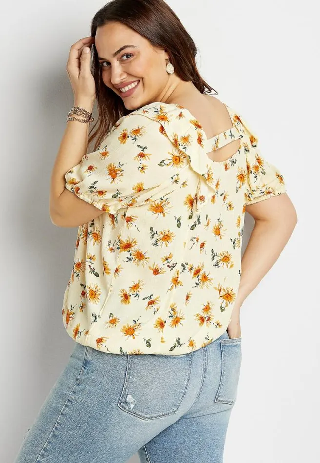 Plus Size Yellow Sunflower Button Front Blouse Women Maurices Plus Tops