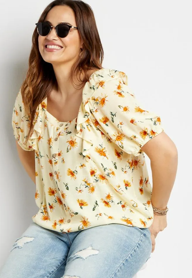 Plus Size Yellow Sunflower Button Front Blouse Women Maurices Plus Tops