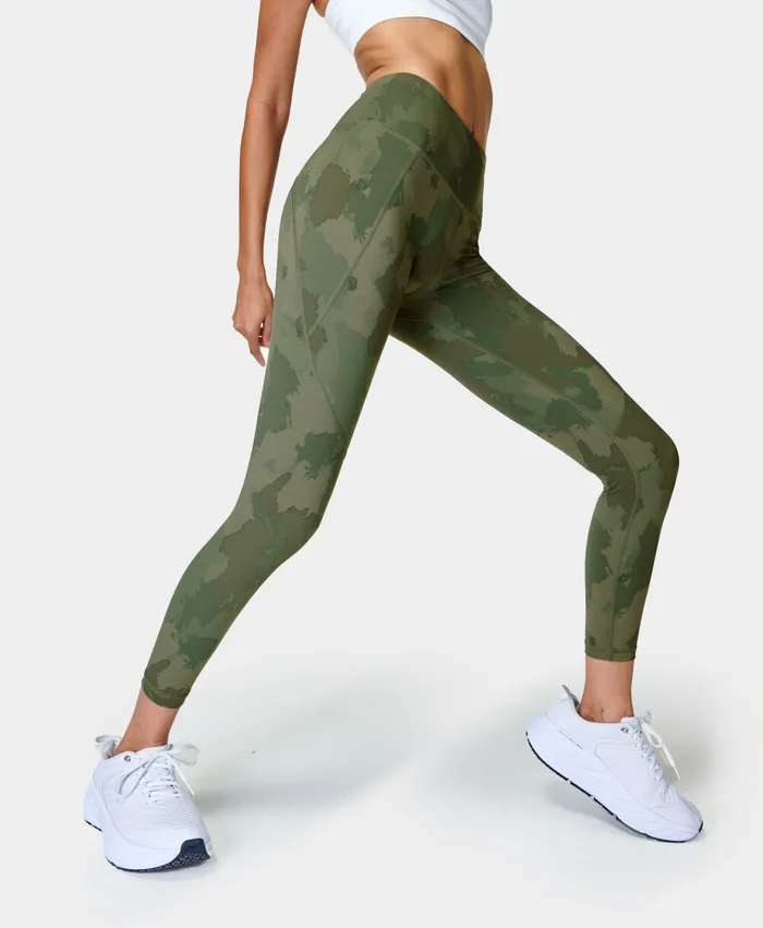 Pocketed Women Power 78 Gym Leggings Green Painted Camo Print Sweaty Betty