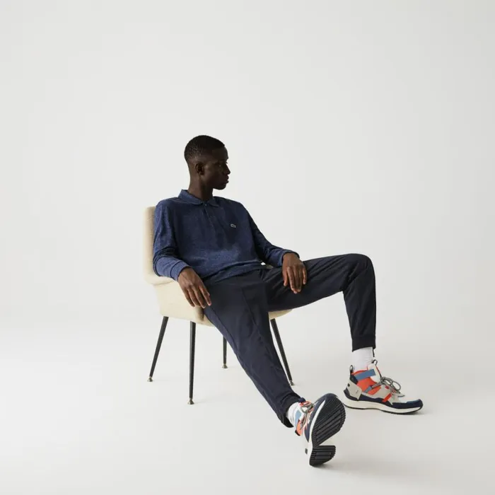 Polos Men Lacoste Men039s Long Sleeve Heathered Cotton Polo Blue Chine Hau