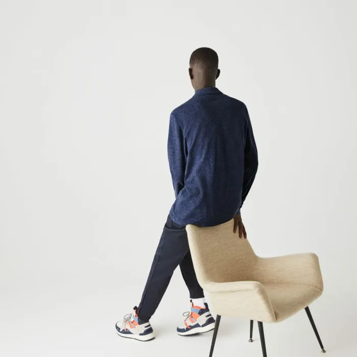 Polos Men Lacoste Men039s Long Sleeve Heathered Cotton Polo Blue Chine Hau