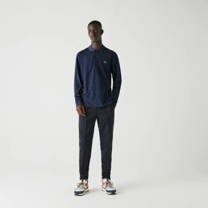 Polos Men Lacoste Men039s Long Sleeve Heathered Cotton Polo Blue Chine Hau