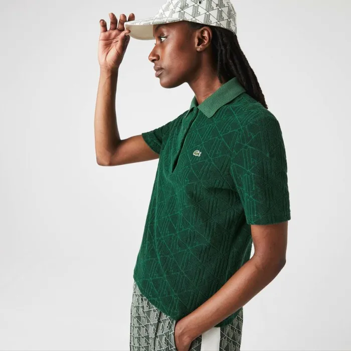Polos Women Lacoste Womens LIVE Monogram Cotton Polo Pine Green 132