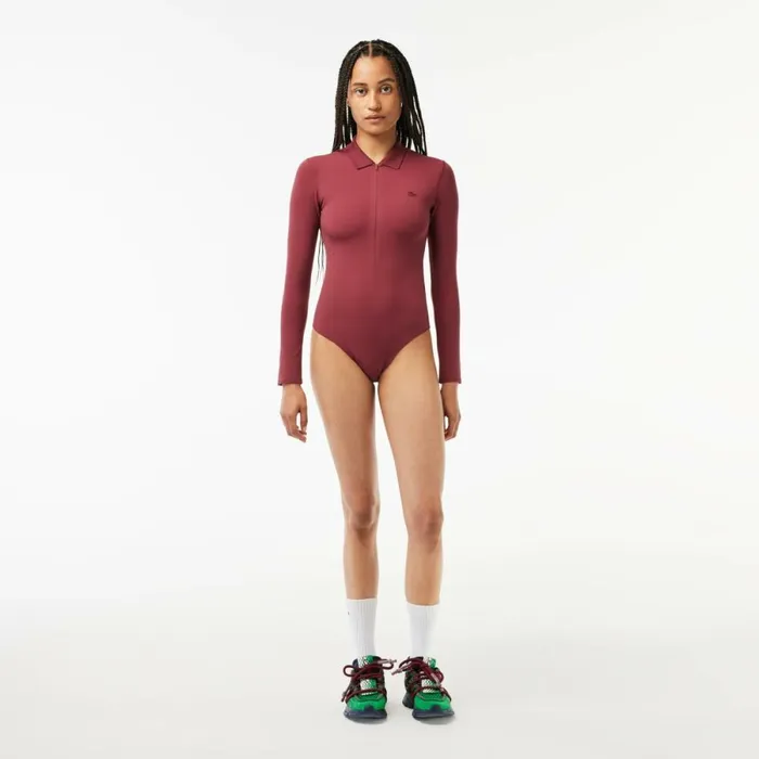Polos Women Lacoste Womens Long Sleeve ZipUp Polo Bodysuit Bordeaux Yup