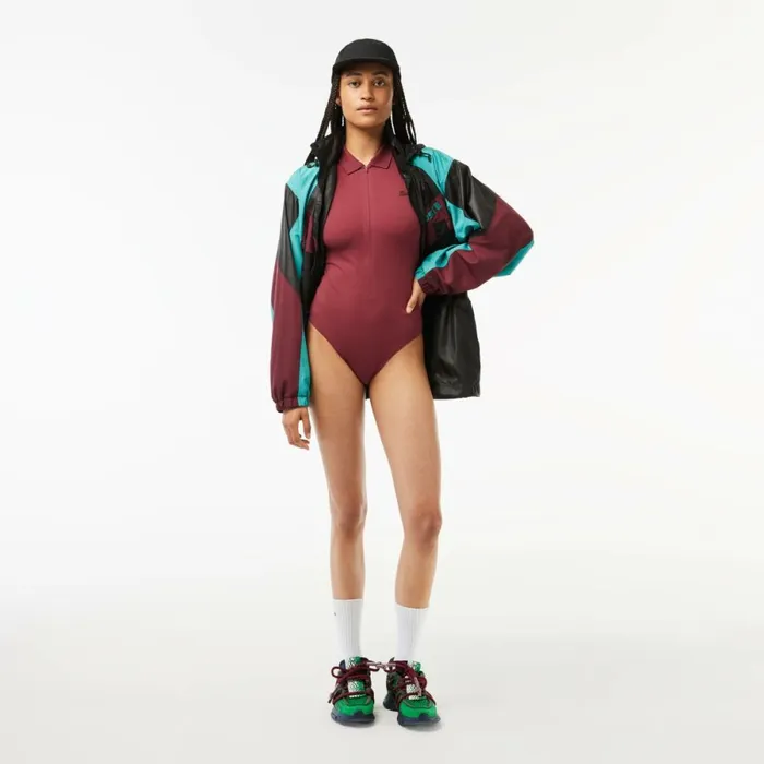 Polos Women Lacoste Womens Long Sleeve ZipUp Polo Bodysuit Bordeaux Yup