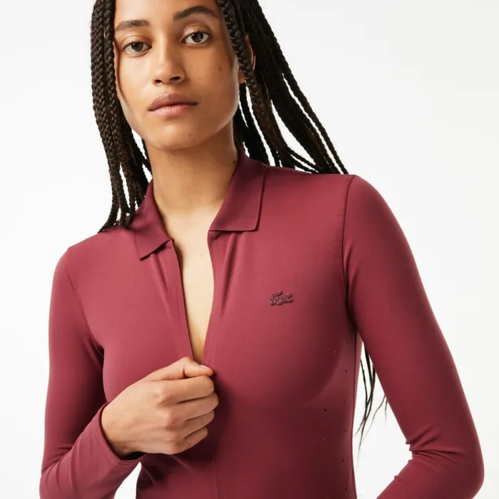 Polos Women Lacoste Womens Long Sleeve ZipUp Polo Bodysuit Bordeaux Yup