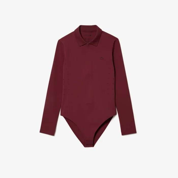 Polos Women Lacoste Womens Long Sleeve ZipUp Polo Bodysuit Bordeaux Yup