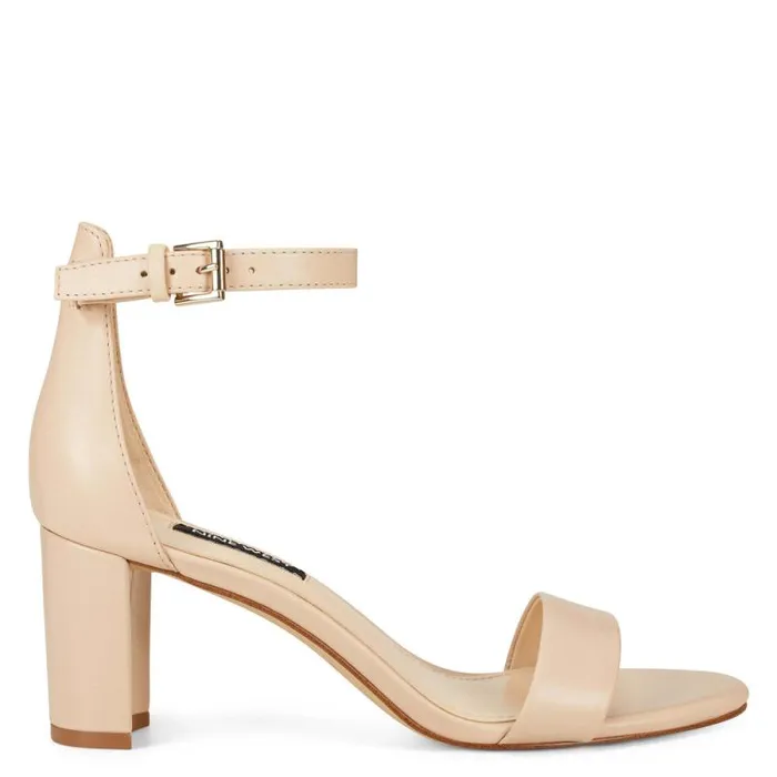 Pruce Ankle Strap Block Heel Sandals Ivory Leather Women Nine West Sandals