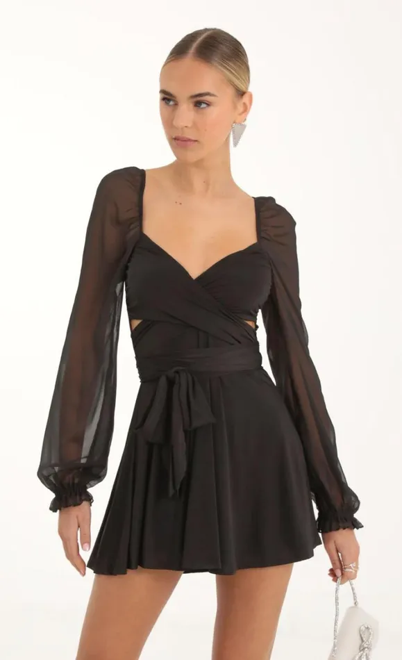 Puff Chiffon Wrap Dress Black Women LUCY IN THE SKY Mini Dresses