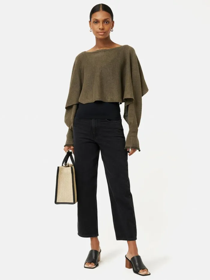 Pure Linen Poncho Sweater Khaki Women Jigsaw Ponchos and Scarves