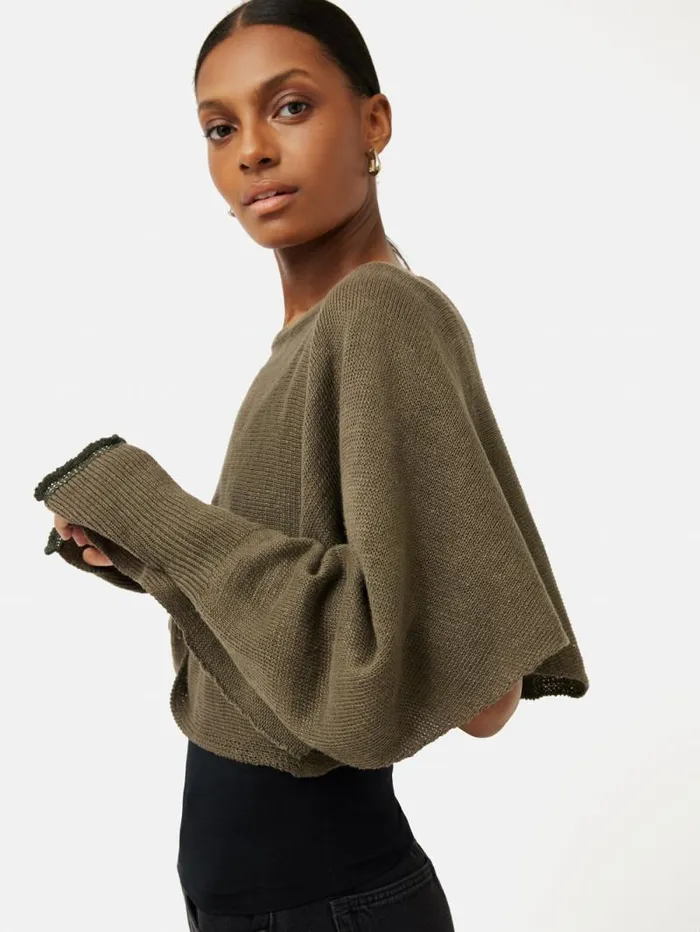 Pure Linen Poncho Sweater Khaki Women Jigsaw Ponchos and Scarves