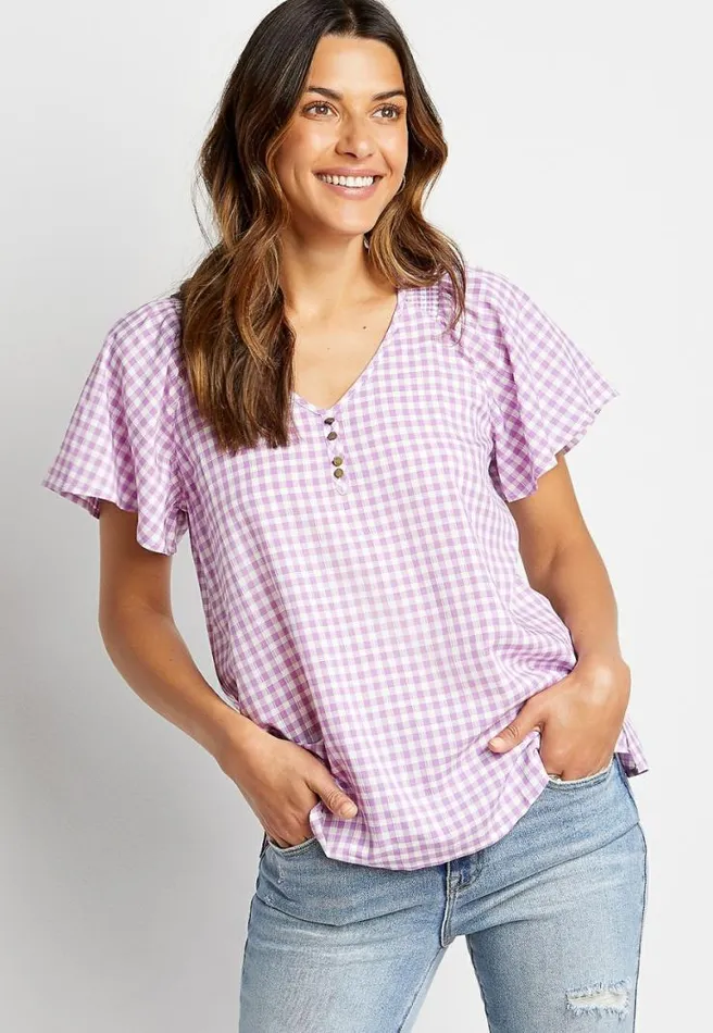 Purple Gingham Flutter Sleeve Blouse Women Maurices Tops