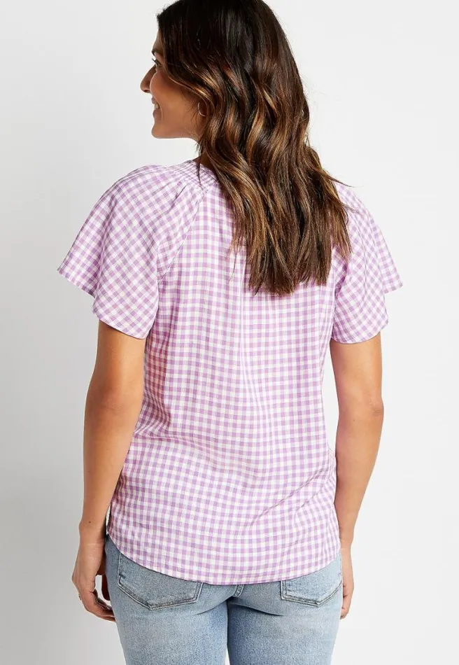 Purple Gingham Flutter Sleeve Blouse Women Maurices Tops