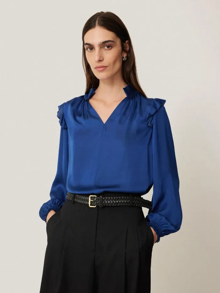Recycled Satin Ruffle Top Blue Women Jigsaw Shirts and Tops