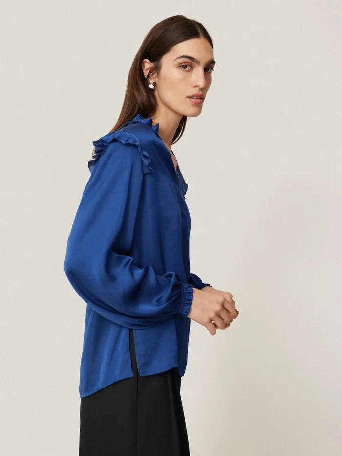 Recycled Satin Ruffle Top Blue Women Jigsaw Shirts and Tops