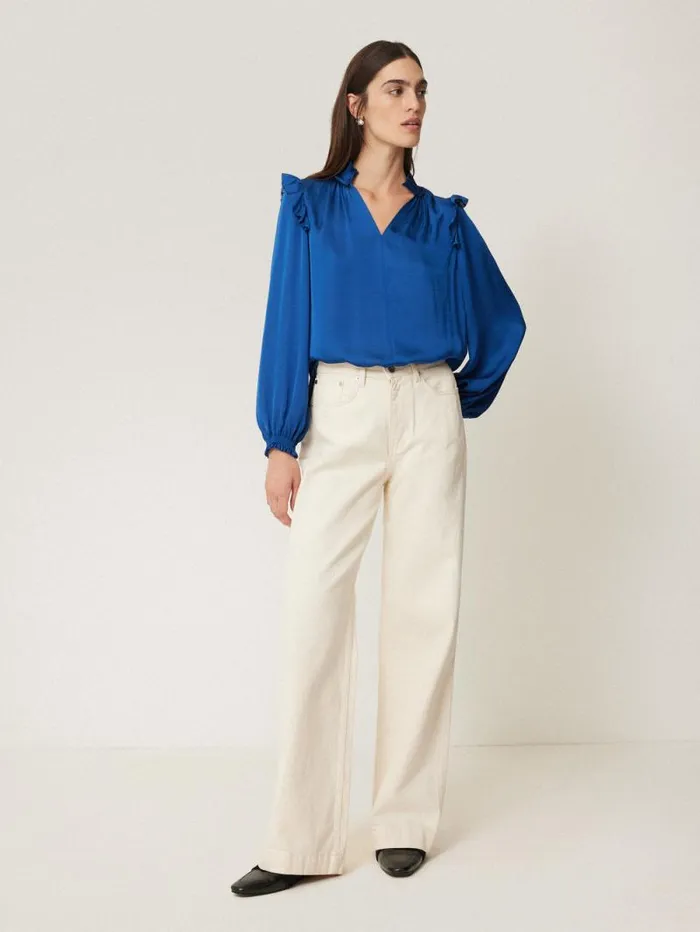 Recycled Satin Ruffle Top Blue Women Jigsaw Shirts and Tops