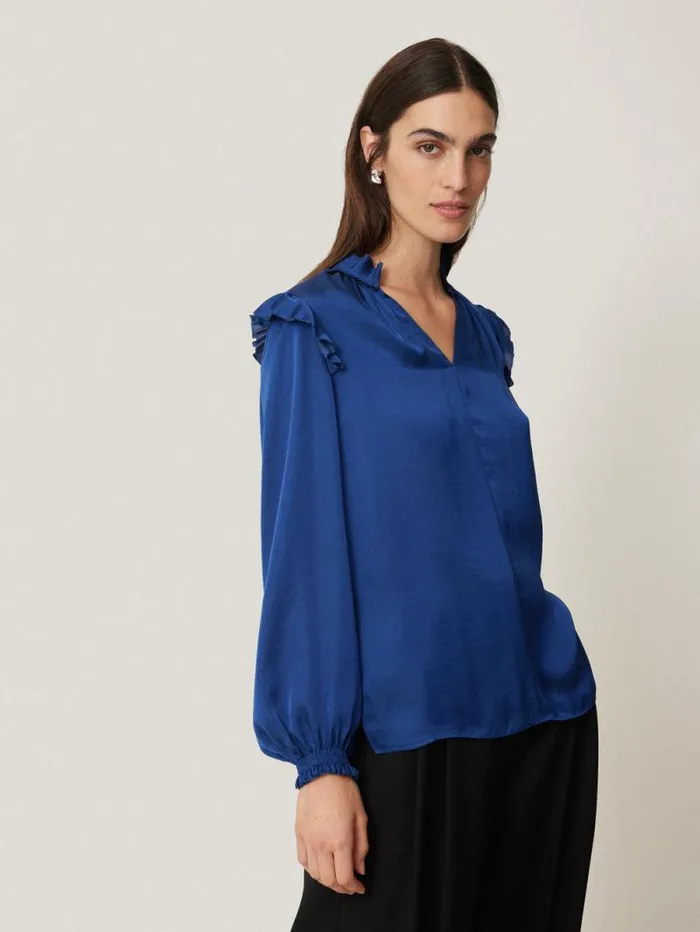 Recycled Satin Ruffle Top Blue Women Jigsaw Shirts and Tops