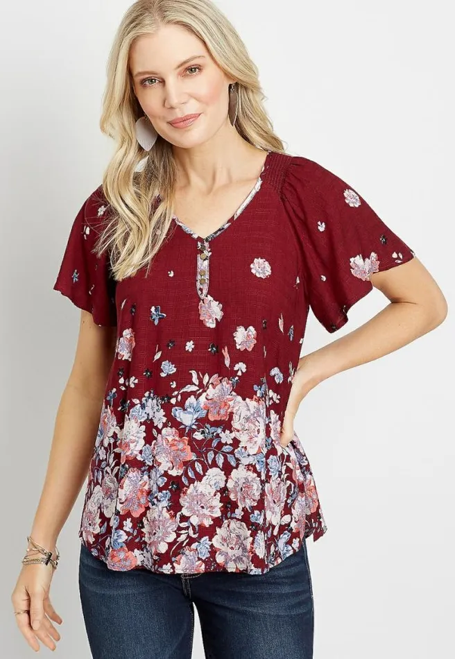 Red Floral Flutter Sleeve Button Front Top Women Maurices Tops